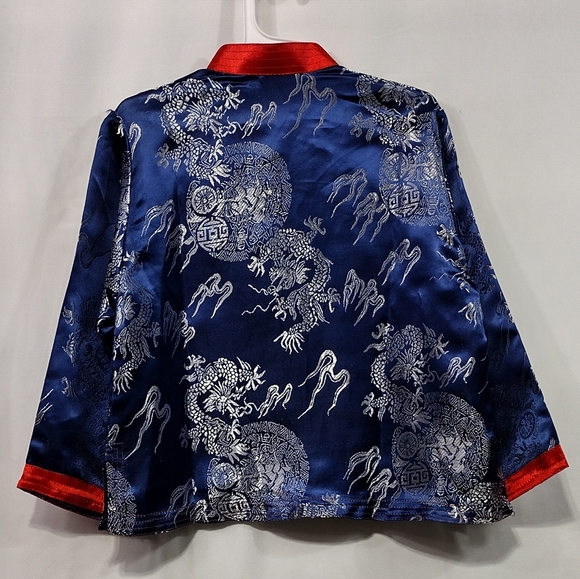 Dragon Print Han Tang Suit Boys 6 Blue Satin Retro Casual Holiday Party Event - Picture 5 of 8